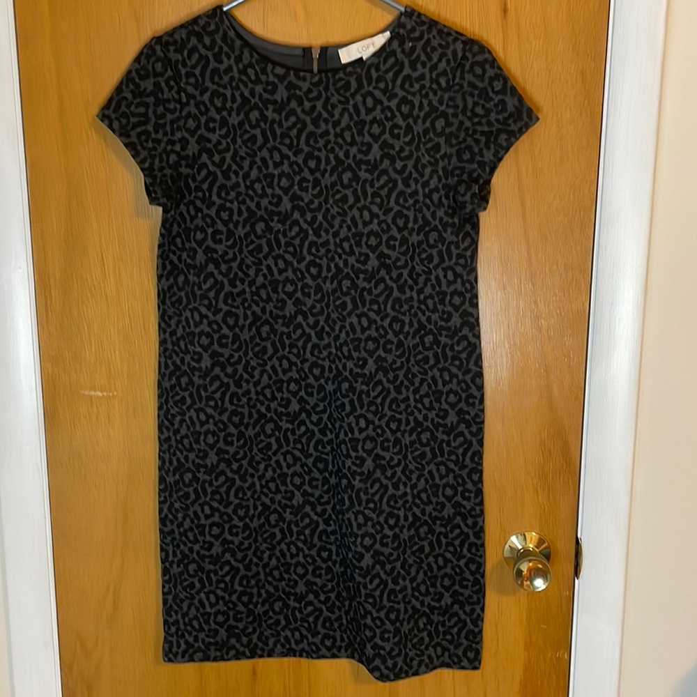LOFT Womens XS Black Leopard Animal Print Cap Sleeve Dress